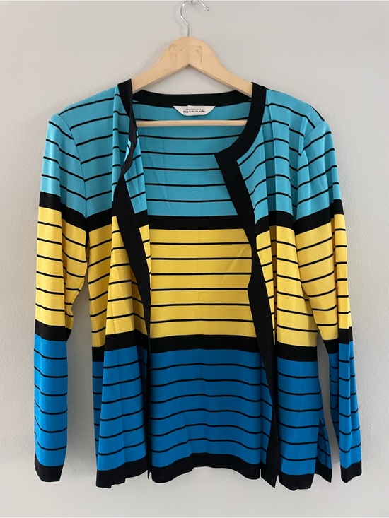 Misook Sweaters - Misook Blue Yellow Black Striped Open Cardigan Vintage Sweater